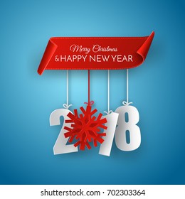 Merry Christmas and Happy New Year 2018 vector background. Red ribbon with 3d numbers and snowflake.