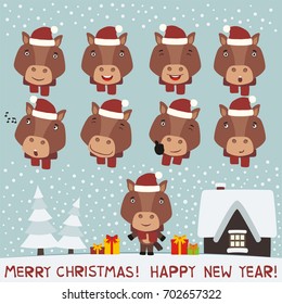 Merry christmas and Happy new year! Collection isolated heads of horse in cartoon style.