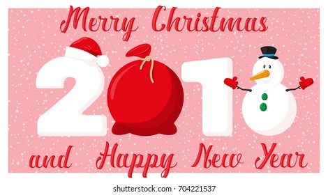 Merry Christmas and Happy New Year 2018 banner. Santa Claus gifts bag and snowman on background snowflakes. Concept design poster, flyer, invitation, greeting card. Cartoon style. Vector illustration