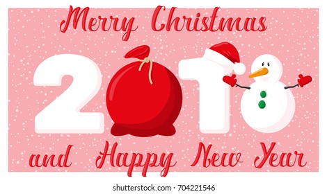 Merry Christmas and Happy New Year 2018 banner. Santa Claus gifts bag and snowman on background snowflakes. Concept design poster, flyer, invitation, greeting card. Cartoon style. Vector illustration