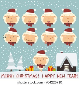 Merry christmas and Happy new year! Collection isolated heads of sheep in red hat in cartoon style.
