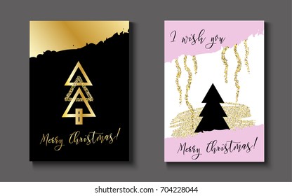 Merry Christmas, Happy New Year Vector Gift Cards. Festive Celebration A4 Posters. Minimal Christmas Covers. Simple Holidays Design. Luxury Elegant Party Background. Gift or Postcard, Flyer Template.