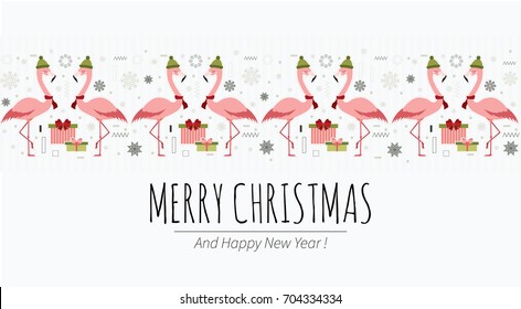 Merry Christmas and  happy New Year. Cute holiday card with  flamingos and gift boxes. Header