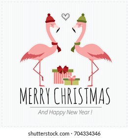 Merry Christmas and  happy New Year. Cute holiday card with  flamingos and gift boxes
