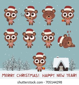Merry Christmas and Happy New Year! Set fun teddy bears in various poses in cartoon style.