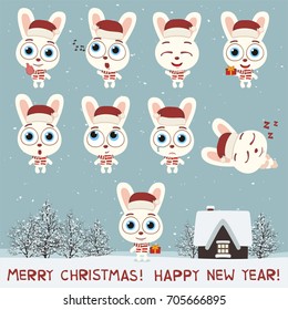 Merry Christmas and Happy New Year! Set fun bunny rabbit in various poses in cartoon style.
