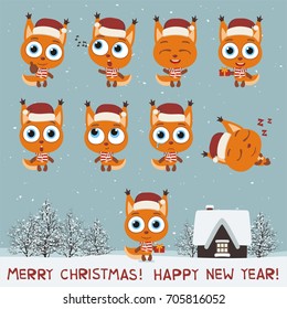 Merry Christmas and Happy New Year! Set fun squirrel in various poses in cartoon style.