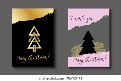 Merry Christmas, Happy New Year Vector Gift Cards. Festive Celebration A4 Posters. Minimal Christmas Covers. Simple Holidays Design. Luxury Elegant Party Background. Gift or Postcard, Flyer Template.