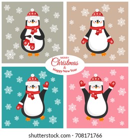 Merry christmas and a happy new year. Lovely postcard with different penguins in caps.