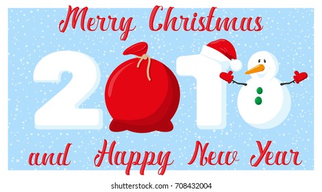Merry Christmas and Happy New Year 2018 banner. Santa Claus gifts bag and snowman on background snowflakes. Concept design poster, flyer, invitation, greeting card. Cartoon style. Vector illustration.