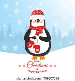 Merry christmas and a happy new year. Lovely postcard with a penguin in a hat.