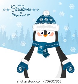 Merry christmas and a happy new year. Lovely postcard with a penguin in a hat.