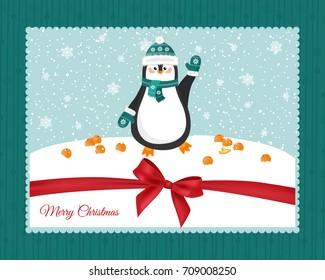 Merry christmas and a happy new year. Lovely postcard with a penguin in a hat.