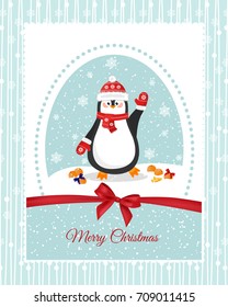 Merry christmas and a happy new year. Lovely postcard with a penguin in a hat.