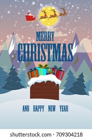 Merry Christmas and a Happy New Year. Illustration of Santa Claus in the sky going to the city. Gifts and cheerful mood. Snow falls. Ornamental, postcard, banner