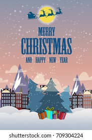 Merry Christmas and a Happy New Year. Illustration of Santa Claus in the sky going to the city. Gifts and cheerful mood. Snow falls. Ornamental, postcard, banner