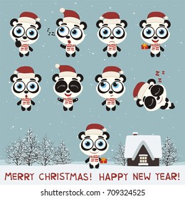 Merry Christmas and Happy New Year! Set funny panda bear in various poses in cartoon style.