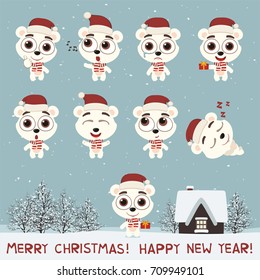 Merry Christmas and Happy New Year! Set funny polar bear in various poses in cartoon style.