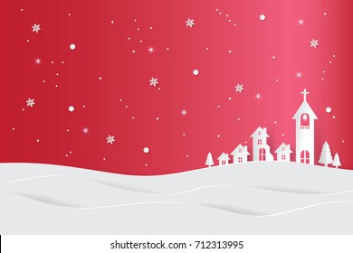 Merry Christmas and Happy New Year. Christmas background with night city landscape. Paper art style.