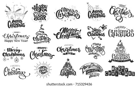 Merry Christmas. Happy New Year. Brush lettering, Typography set.