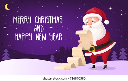 Merry Christmas and Happy New Year poster with Santa Claus. Vector greeting card, poster or background.