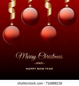 Merry Christmas and Happy New Year. Red christmas balls with ribbon hanging. Vector illustration.