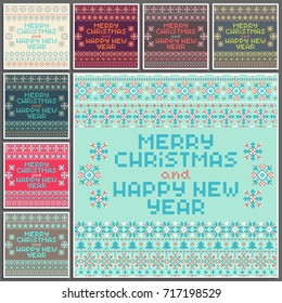 Merry Christmas and Happy New Year set of vector square cards. Winter holidays greeting cards, invitations. Geometric, pixel, cross-stitch, Christmas sweaters style.