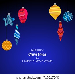 Merry Christmas and Happy New Year dark blue background with christmas balls. Vector background  for your greeting cards, invitations, festive posters. 

