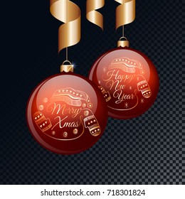 Merry Christmas and Happy New Year red balls with gold ribbons. Vector illustration.