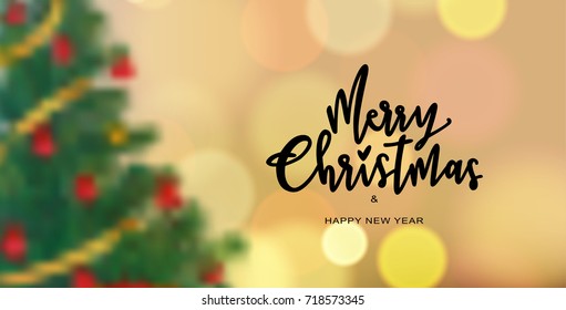 Merry Christmas and Happy new year lettering on blurry background of decorated Christmas tree panoramic size.Concept for Christmas and new year greeting decoration on web banner in vector illustration