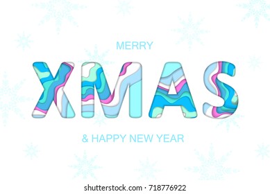 Merry Christmas and Happy New Year holiday greeting card. Snowflakes pattern on white winter background. Vector paper cut multi color layers text carving  creative poster design
