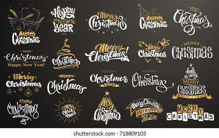 Merry Christmas. Happy New Year. Handwritten modern brush lettering, Typography set