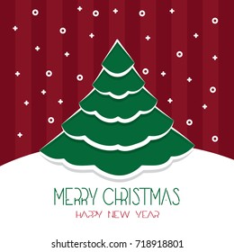 Merry Christmas and happy new year greeting card poster. Vector illustration of green Christmas tree and snowflakes in flat art style on stylish background. Good for gift cards, invitations, posters.