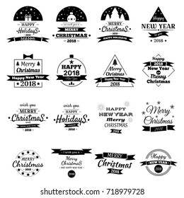 Merry Christmas & Happy New Year, 2018. Typography set. Vector logos, emblems, text design. Usable for banners, greeting cards, gifts etc.