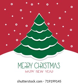 Merry Christmas and happy new year greeting card poster. Vector illustration of green Christmas tree and snowflakes in flat art style. Good for gift cards, invitations, posters, stickers.