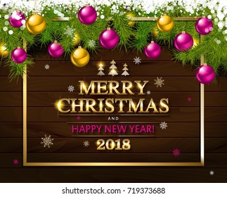 Merry Christmas and Happy New Year greeting card. Vector illustration.