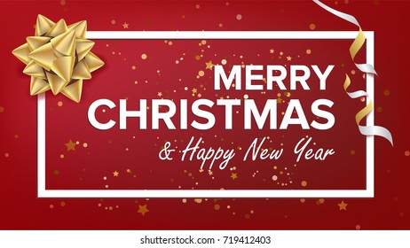 Merry Christmas And Happy New Year Vector. Christmas Greeting Card. Realistic Bow. Xmas Modern New Year Poster, Flyer Design. Event Holiday Illustration