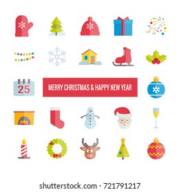 Merry Christmas and Happy New Year vector flat icons set. Modern icons for web, print, mobile apps design