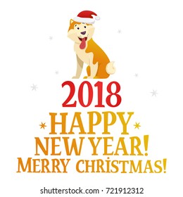 Merry Christmas and Happy New Year postcard template with the cute yellow dog on white background. The dog cartoon character vector illustration.