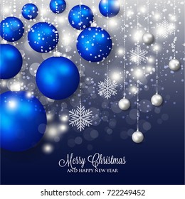 Merry Christmas and Happy new year greeting card or party invitation template for winter holiday with toys blue ball