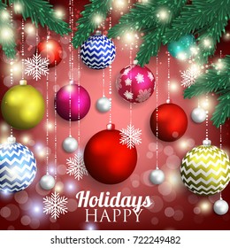 Merry Christmas and Happy new year greeting card or party invitation template for winter holiday with toys colorful ball