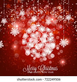 Merry Christmas and Happy new year greeting card or party invitation template for winter holiday with toys colorful ball