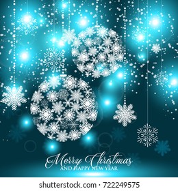 Merry Christmas and Happy new year greeting card or party invitation template for winter holiday with toys blue ball