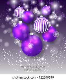 Merry Christmas and Happy new year greeting card or party invitation template for winter holiday with toys lilac ball