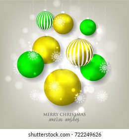 Merry Christmas and Happy new year greeting card or party invitation template for winter holiday with toys colorful ball