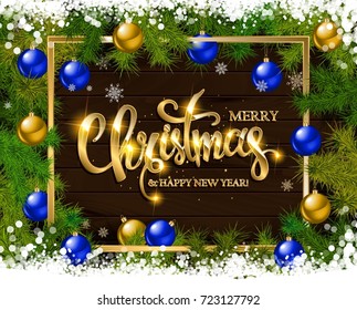 Merry Christmas and Happy New Year greeting card. On wooden background. Vector illustration.