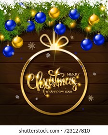 Merry Christmas and Happy New Year greeting card. On wooden background. Vector illustration.