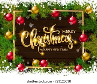 Merry Christmas and Happy New Year greeting card. On wooden background. Vector illustration.