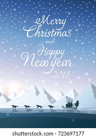 Merry Christmas and Happy New Year 2018, greeting card on a winter background with a snowflakes. vector illustration. 