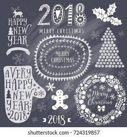 Merry Christmas And Happy New Year Calligraphic, mitten, wreath, frames, 2018 handmade sign. Christmas set - labels, emblems and other decorative elements.